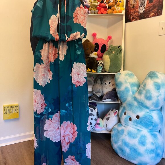 Sweet Storm Teal Floral Halter Romper Size Large - Picture 3 of 4